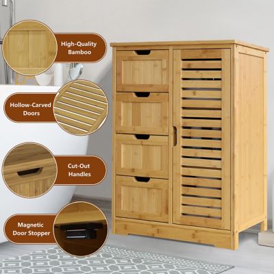 Image showing  32.5 in. H Bamboo Freestanding Linen Cabinet with 2 Removable Shelves and 4-Drawer