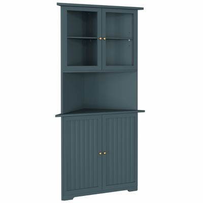 Image showing  71 in. H Corner Linen Cabinet with Adjustable Shelves and Glass Doors in Teal Blue