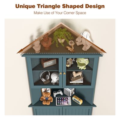 Image showing  71 in. H Corner Linen Cabinet with Adjustable Shelves and Glass Doors in Teal Blue