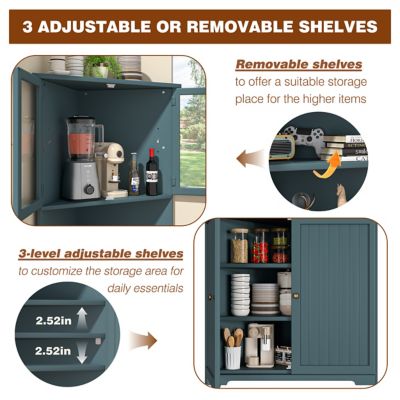 Image showing  71 in. H Corner Linen Cabinet with Adjustable Shelves and Glass Doors in Teal Blue