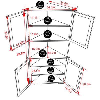 Image showing  71 in. H Corner Linen Cabinet with Adjustable Shelves and Glass Doors in White