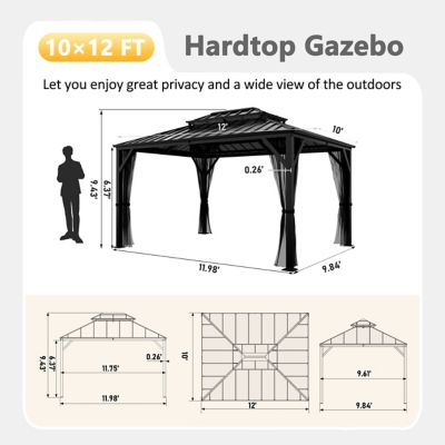 Image showing 3 th Veikous 12 x 10ft. Metal Double Hardtop Gazebo with Galvanized Steel Roof and Textilene Netting