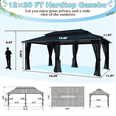 Image showing  20 ft. x 12 ft. Aluminum Double Hardtop Gazebo with Grey Curtains and Netting