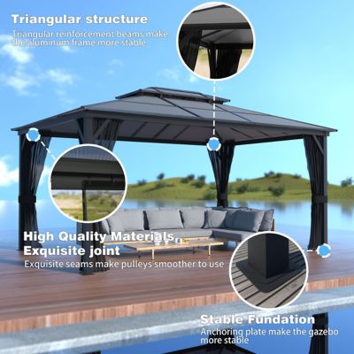 Image showing  16 x 12 ft. Aluminum Gazebo Polycarbonate Double Top Roof with Black Netting