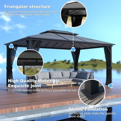 Image showing 9 th Veikous 16 x 12ft. Aluminum Gazebo Polycarbonate Double Top Roof with Black Netting