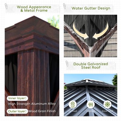 Image showing  24 x 14 FT Wood Grain Aluminum Hardtop Gazebo Double Roof with Netting