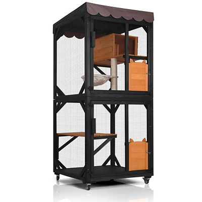 Aivituvin-AIR7014 Wooden Cat Catio with Wheels, Scratching Post with Roof Tarp