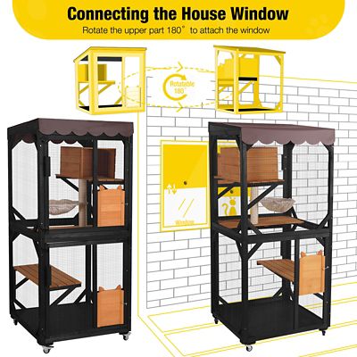Image showing -AIR7014 Wooden Cat Catio with Wheels, Scratching Post with Roof Tarp