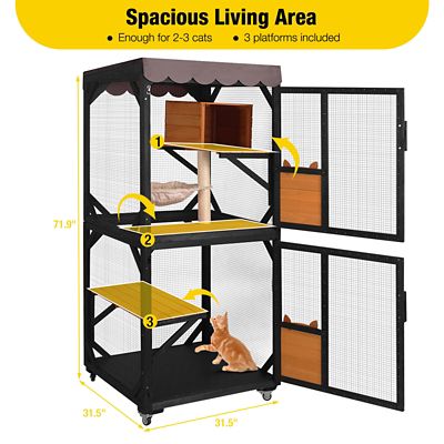 Image showing -AIR7014 Wooden Cat Catio with Wheels, Scratching Post with Roof Tarp