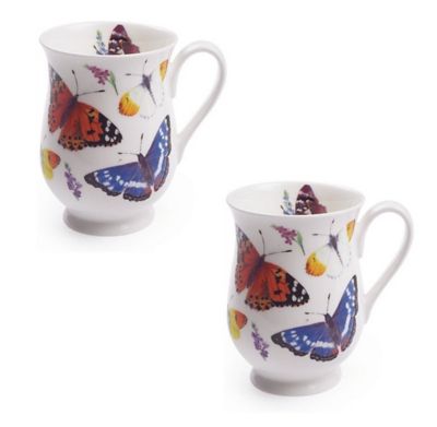 Roy Kirkham Eleanor Mug - Butterfly Garden Set of 2, Blue, Orange, White Colors Bone China Ceramic Made in England