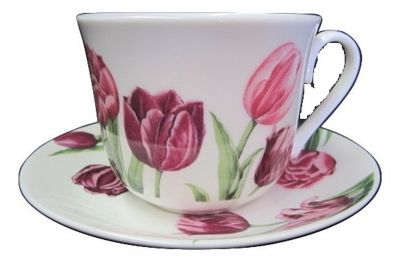 Roy Kirkham Breakfast Cup/Saucer - Tulip Garden Set of 2 Bone China Ceramic Made in England