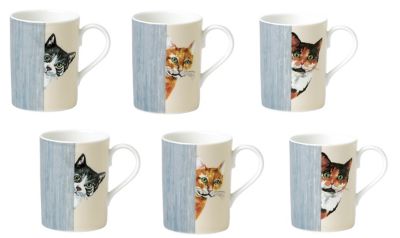 Roy Kirkham LUCY MUG-CAT THROUGH THE DOOR, Set of 6 Bone China Ceramic Made in England
