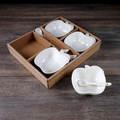 Jiallo Apple Shaped Porcelain Snack Bowl with Spoon, Set of 4