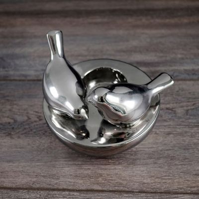 Image showing  Shiny Black Ceramic Tea Light Holder with Birds Design 5x5x4 in., EGV50-344