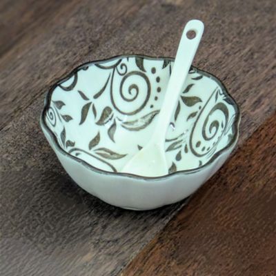 Image showing  Porcelain Floral Bowl & Spoon, Set of 4