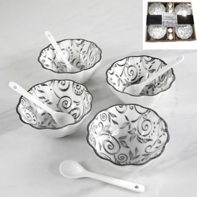 Image showing  Porcelain Floral Bowl & Spoon, Set of 4