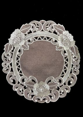 Jiallo Cocoa Linen Embroidered Cutwork Round Placemat, 24 in. Diameter Table Linen Decor, Water Resistance, Machine Wash Safe