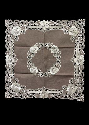 Jiallo Cocoa Linen Embroidered Cutwork Square Tablecloth, 36 in. Square Table Linen Decor, Water Resistance, Machine Wash Safe