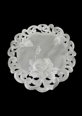 Jiallo Silver Rose Embroidered Cutwork Round Placemat, 24 in. Diameter Table Linen Decor, Water Resistance, Machine Wash Safe