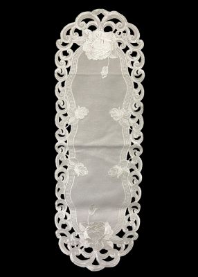 Jiallo Silver Rose Embroidered Cutwork Rectangular Table Runner, 16 x 45 in. Table Linen Decor