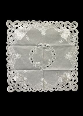 Jiallo Silver Rose Embroidered Cutwork Square Tablecloth, 36 in. Square Table Linen Decor, Water Resistance, Machine Wash Safe