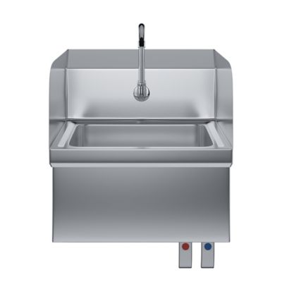 Image showing  Stainless Steel Hands Free Wall Mounted Hand Sink with Double Knee Valves, Faucet, and Side Splash Guards