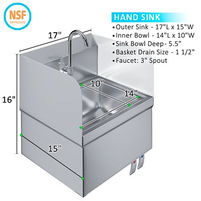 Image showing  Stainless Steel Hands Free Wall Mounted Hand Sink with Double Knee Valves, Faucet, and Side Splash Guards