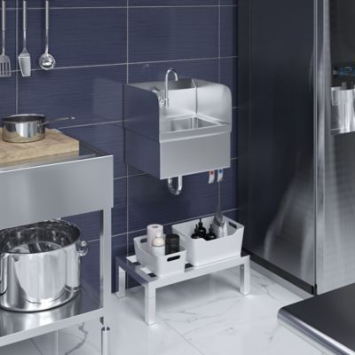 Image showing  Stainless Steel Hands Free Wall Mounted Hand Sink with Double Knee Valves, Faucet, and Side Splash Guards