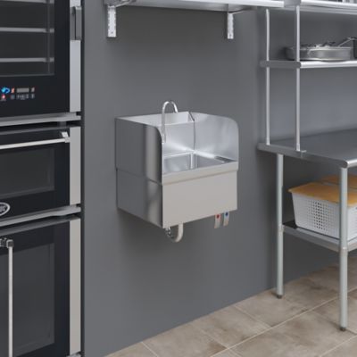 Image showing  Stainless Steel Hands Free Wall Mounted Hand Sink with Double Knee Valves, Faucet, and Side Splash Guards