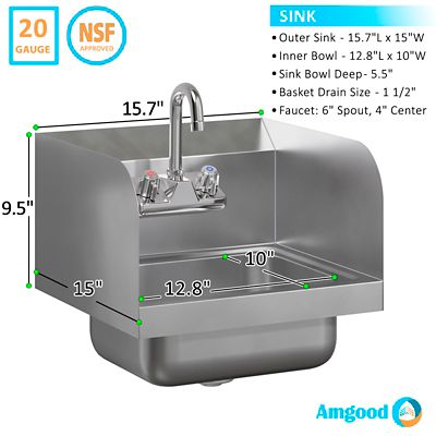 Image showing  Stainless Steel Hand Sink with Side Splash Guard and Gooseneck Faucet