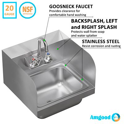 Image showing  Stainless Steel Hand Sink with Side Splash Guard and Gooseneck Faucet