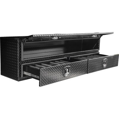 Image showing  21 in. x 18 in. x 88 in. Gloss Black Diamond Tread Aluminum Flatbed Contractor Box with Lower Drawers