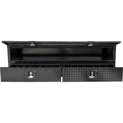 Image showing 7 th Buyers Products 21 in. x 18 in. x 88 in. Gloss Black Diamond Tread Aluminum Flatbed Contractor Box with Lower Drawers