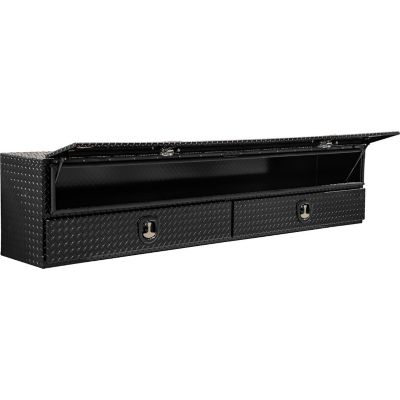 Image showing  21 in. x 18 in. x 90 in. Gloss Black Diamond Tread Aluminum Flatbed Contractor Box with Lower Drawers