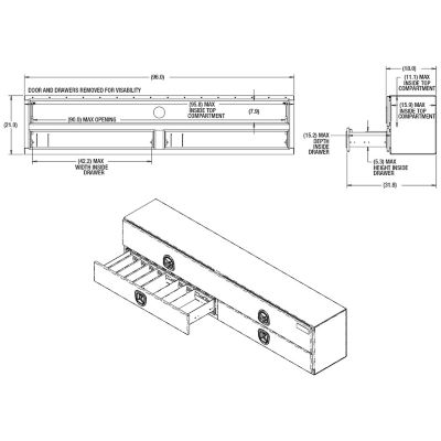 Image showing  21 in. x 18 in. x 96 in. Gloss Black Diamond Tread Aluminum Flatbed Contractor Box with Lower Drawers