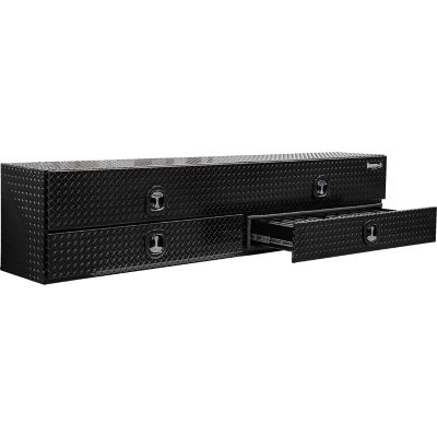 Image showing  21 in. x 18 in. x 96 in. Gloss Black Diamond Tread Aluminum Flatbed Contractor Box with Lower Drawers