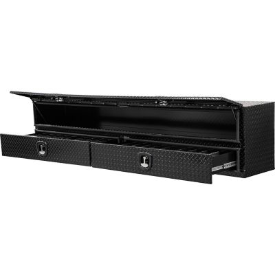 Image showing 6 th Buyers Products 21 in. x 18 in. x 96 in. Gloss Black Diamond Tread Aluminum Flatbed Contractor Box with Lower Drawers