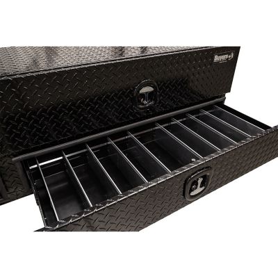 Image showing 7 th Buyers Products 21 in. x 18 in. x 96 in. Gloss Black Diamond Tread Aluminum Flatbed Contractor Box with Lower Drawers
