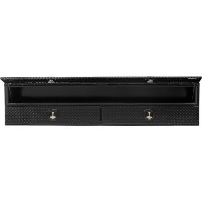 Image showing 9 th Buyers Products 21 in. x 18 in. x 96 in. Gloss Black Diamond Tread Aluminum Flatbed Contractor Box with Lower Drawers