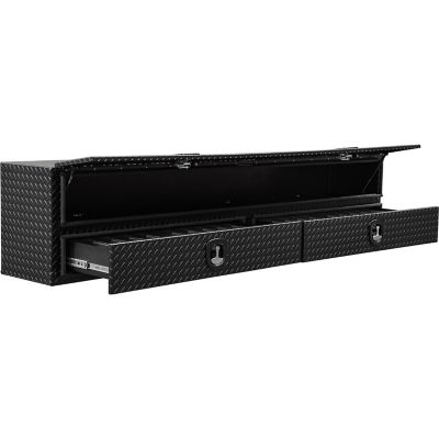 Image showing  21 in. x 18 in. x 88 in. Textured Matte Black Diamond Tread Aluminum Flatbed Contractor Box with Lower Drawers