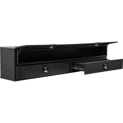 Image showing  21 in. x 18 in. x 88 in. Textured Matte Black Diamond Tread Aluminum Flatbed Contractor Box with Lower Drawers