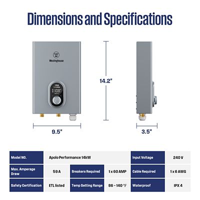 Image showing  14000W Smart Electric Tankless Water Heater, 3.4-GPM, 240V, 59A, Bluetooth and Wifi Supported