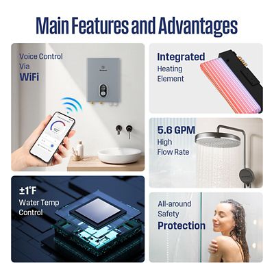 Image showing  24000W Smart Electric Tankless Water Heater, 5.6-GPM, 240V, 100A, Bluetooth and Wifi Supported