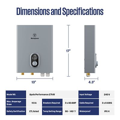 Image showing  27000W Smart Electric Tankless Water Heater, 6.3-GPM, 240V, 113A, Bluetooth and Wifi Supported
