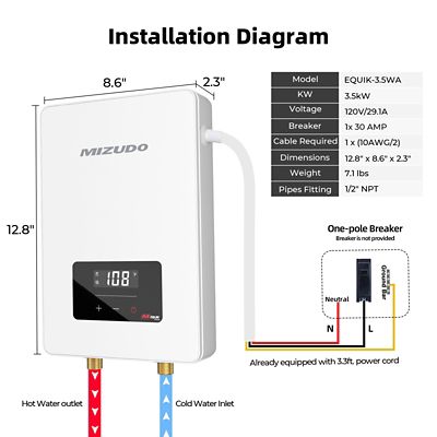 Image showing  3500W Electric Tankless Water Heater Undersink, 120V, 29.1A