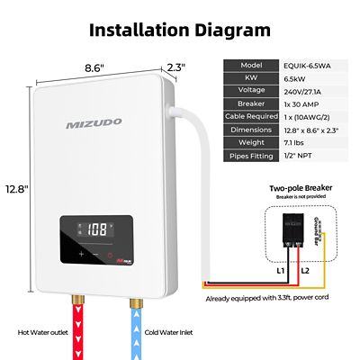 Image showing  6500W Electric Tankless Water Heater Undersink, 240V, 27.1A