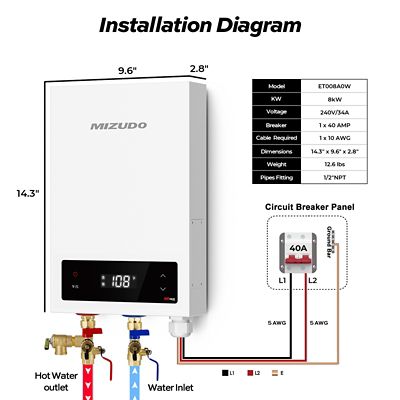 Image showing  8000W Electric Tankless Water Heater Undersink, 240V, 34A
