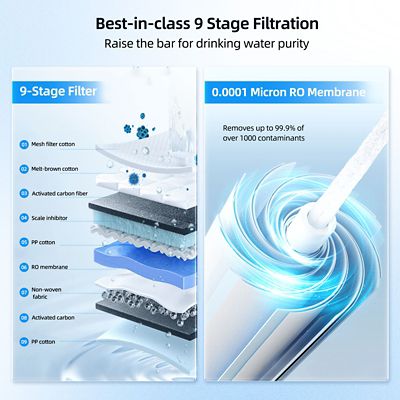 Image showing  1000 GPD, 9-Stage Reverse Osmosis Filtration System, 3:1 Pure to Drain, Smart LED Faucet