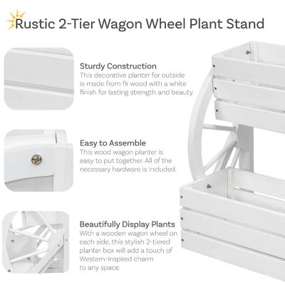 Image showing  Indoor/Outdoor 2-Tiered Rustic White Wagon Wheel Planter - 19 in. W x 14.75 in. D x 23.5 in. H