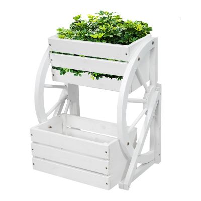 Image showing  Indoor/Outdoor 2-Tiered Rustic White Wagon Wheel Planter - 19 in. W x 14.75 in. D x 23.5 in. H